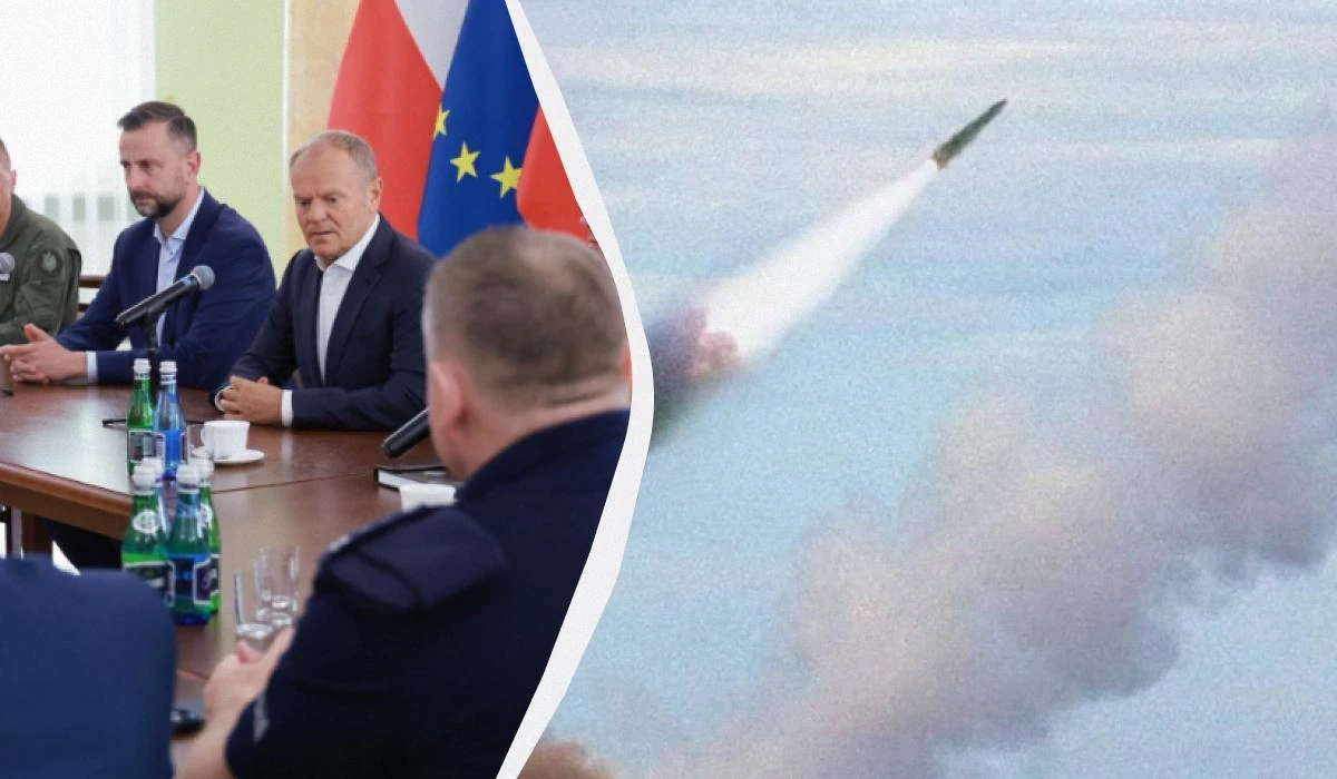 Польський винищувач F-16 у повітрі на тлі мапи Польщі з позначеним місцем падіння ракети біля села Тарнава-Колонія